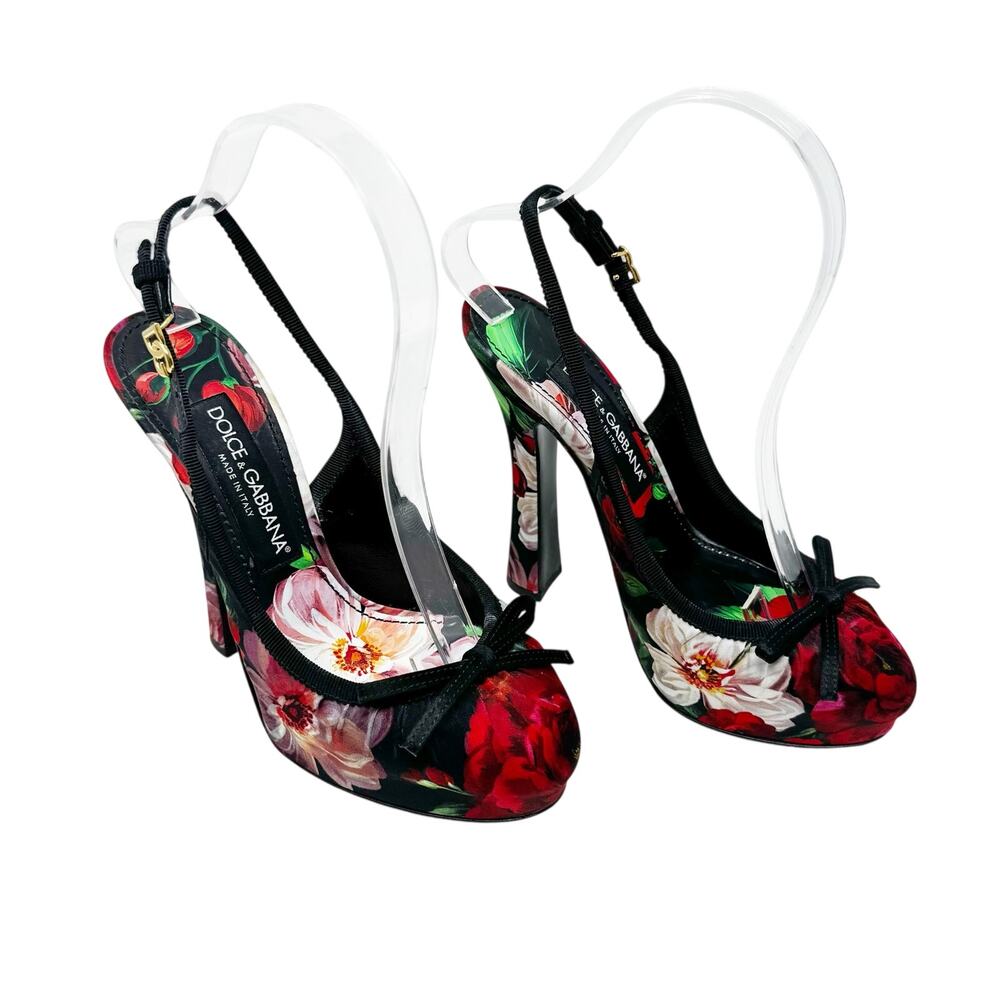 Dolce & Gabbana Floral Satin Platform Slingback Pumps EU 37 US 6.5-7 5" Heel